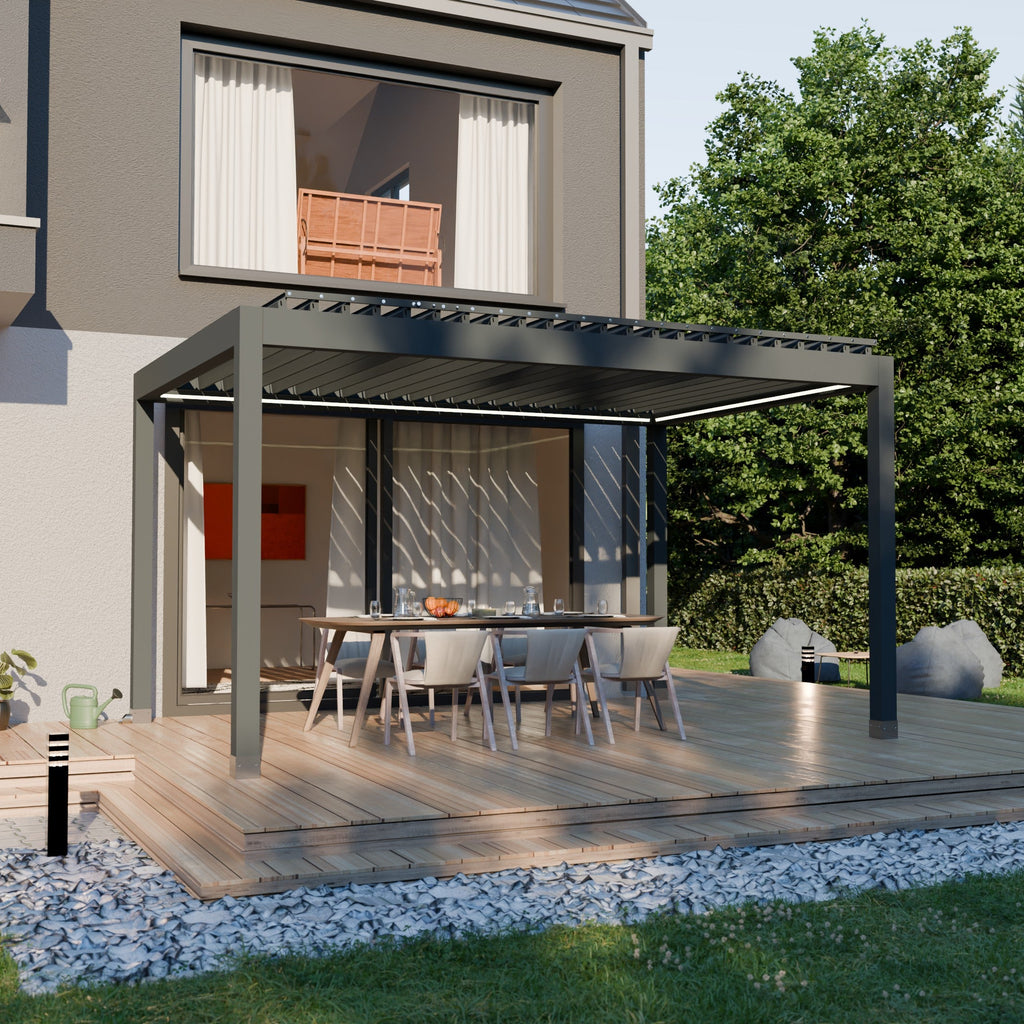 Louvered pergola attached to a modern house with outdoor furniture and plants.