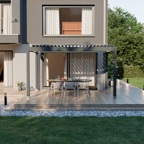 Modern house exterior with a biocliamtic louvered pergola on deck and garden area