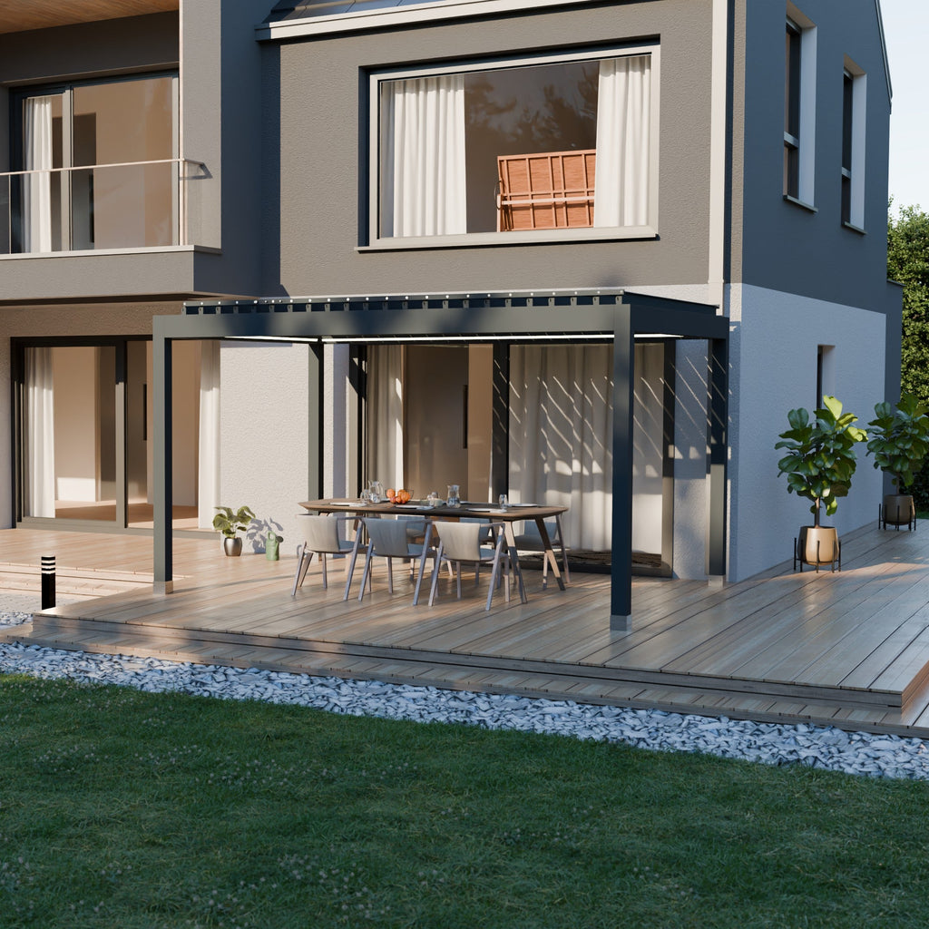 Modern house with a bioclimatic louver on deck and outdoor furniture