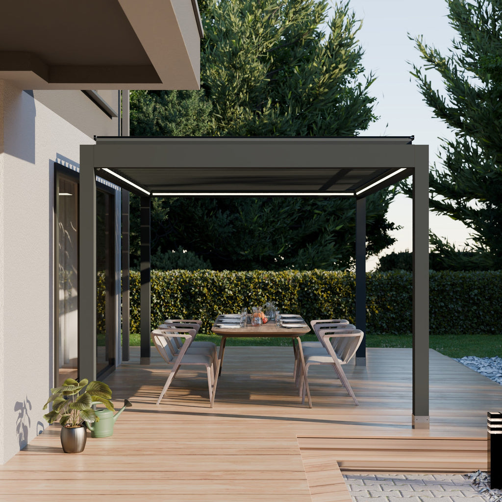 Freestanding bioclimatic louver system on patio deck with furniture below