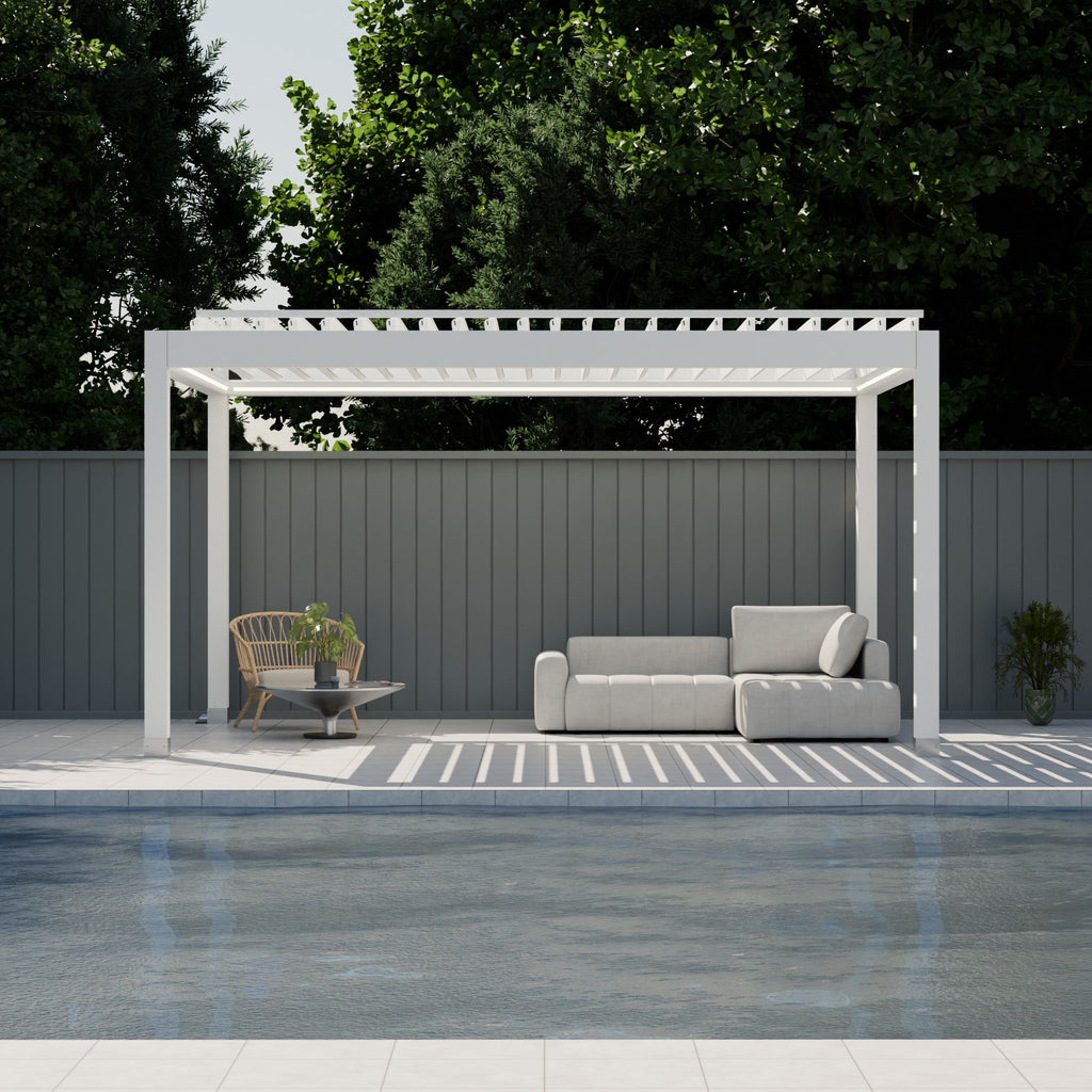 Freestanding bioclimatic louver system with pool